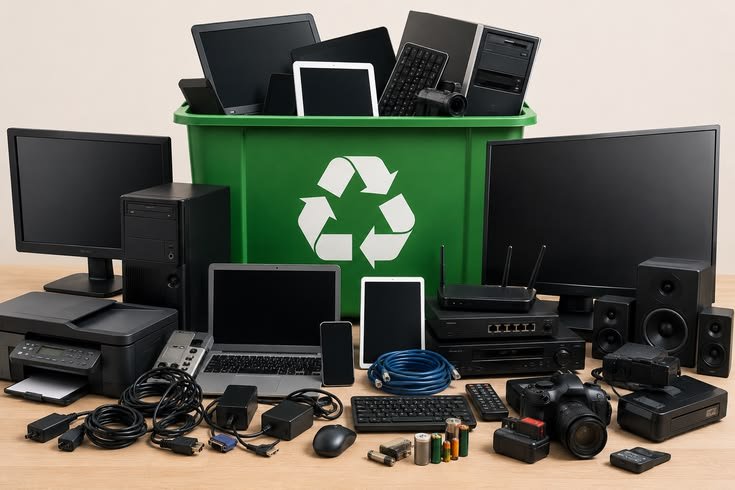 Assorted electronics collected for e-waste recycling